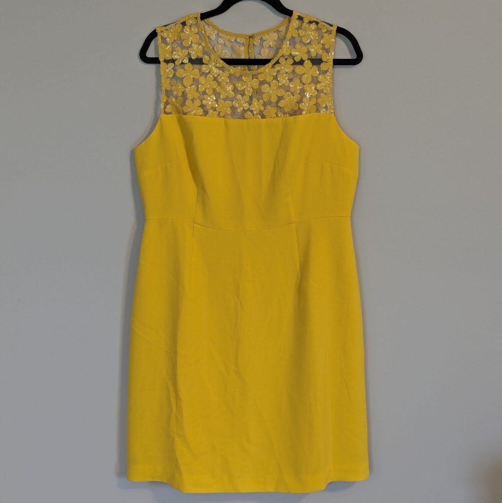 NWT Trina Turk Yellow Sequin Mesh Neckline Detail Sheath Dress